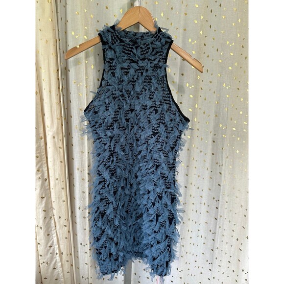 NWT Micas Mesh Weave Tassel Fringe High Neck Statement Bodycon Mini Dress M - Picture 2 of 6